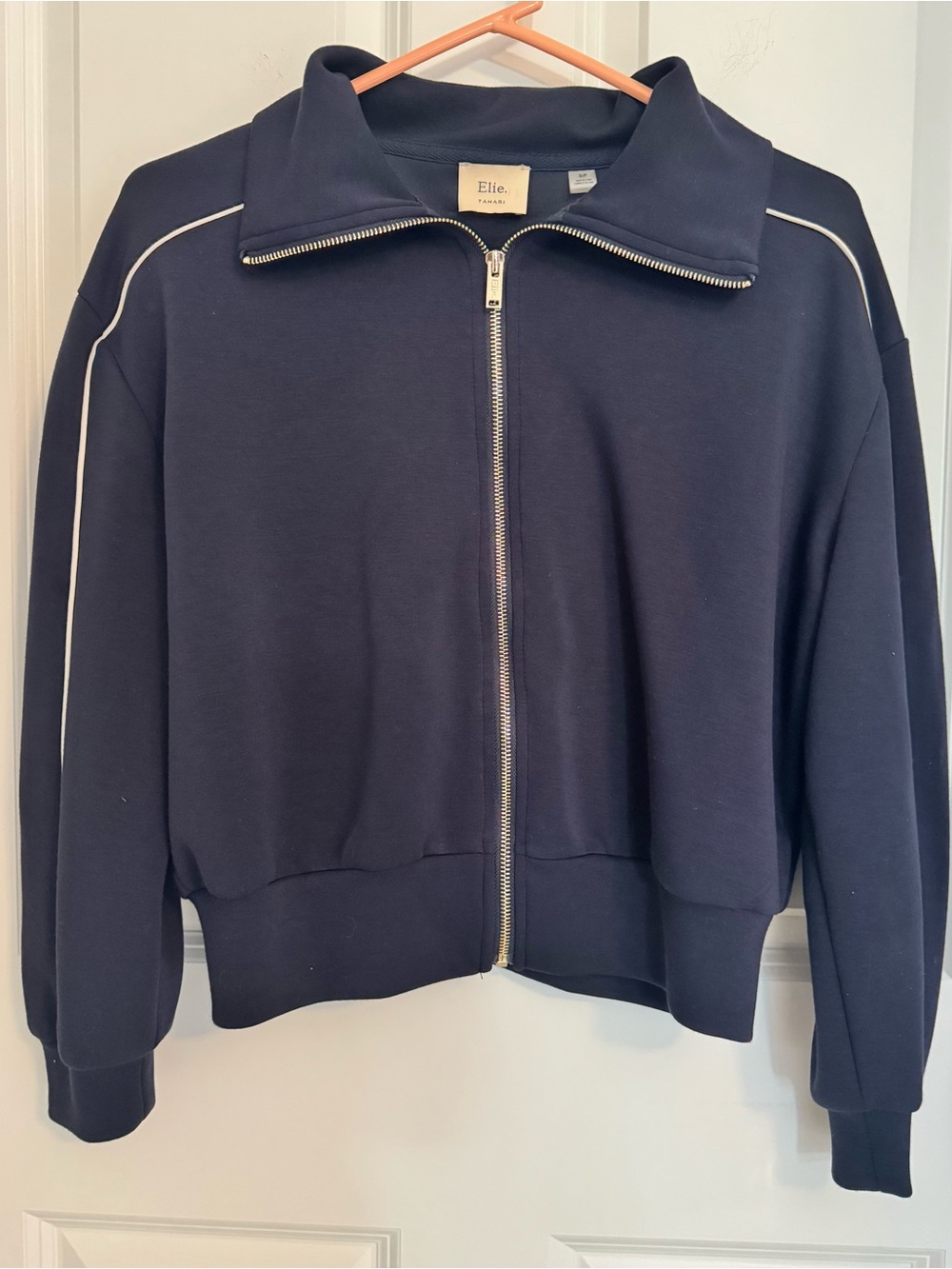 Tahari Navy Bomber Jacket with White Piping